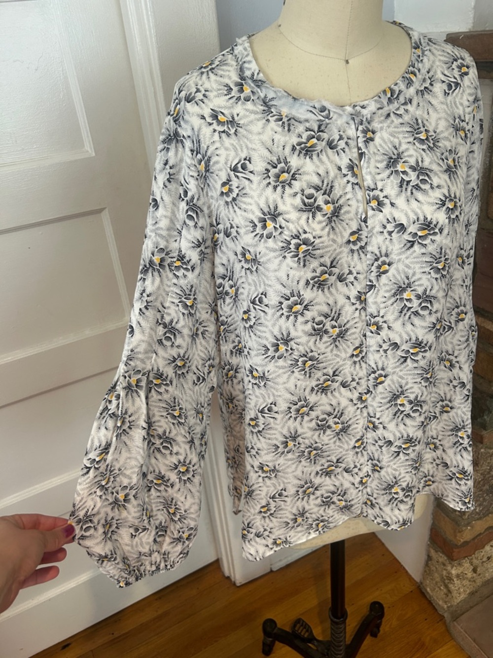 Kobi Halperin White Blouse with black Floral & Yellow Accents and Pleated Sleeve